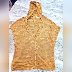 "Anthropologie Moth Open Knit Hooded Cardigan Vest Mustard Purple Small"